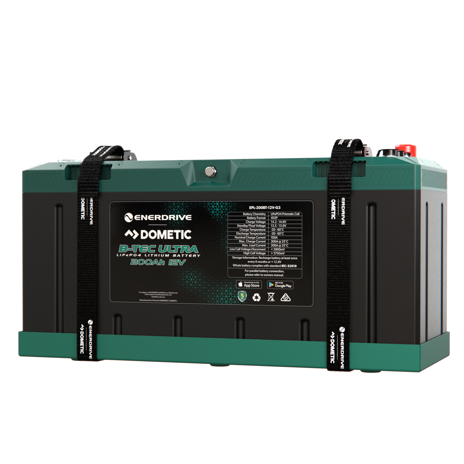 Front angle of Enerdrive 200Ah lithium battery in mounting tray with straps