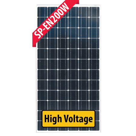 Front view of Enerdrive 200W 24V monocrystalline fixed solar panel with silver frame and high voltage label