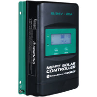 Black and teal MPPT solar charge controller with integrated LCD screen and physical control buttons