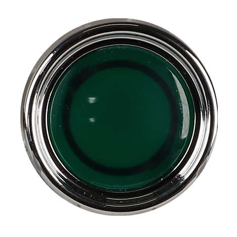 Front view of a 22mm green re-start push-button switch with a polished chrome bezel