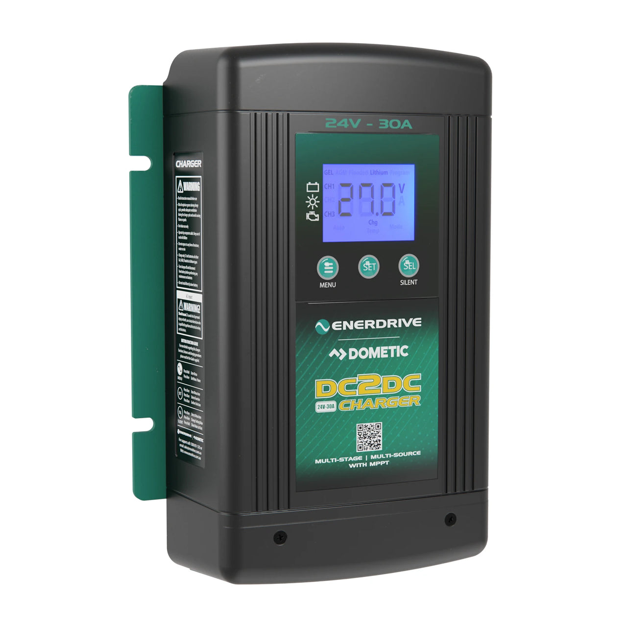 Enerdrive 24V 30A DC to DC battery charger with LCD screen and green mounting plate