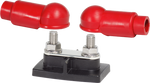 Enerdrive 3/8 inch dual stud busbar featuring two red protective insulators and a black reinforced mounting base
