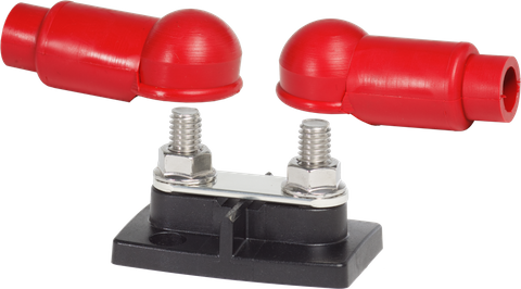 Enerdrive 3/8 inch dual stud busbar featuring two red protective insulators and a black reinforced mounting base