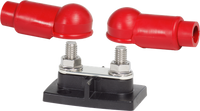 Enerdrive 3/8 inch dual stud busbar featuring two red protective insulators and a black reinforced mounting base