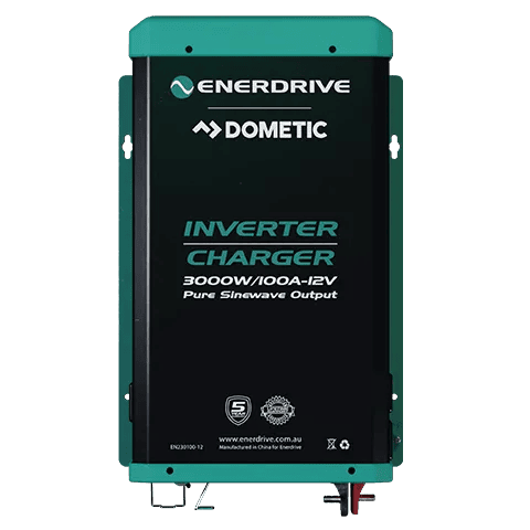 Front view of Enerdrive 3000W inverter charger showing status text and green casing