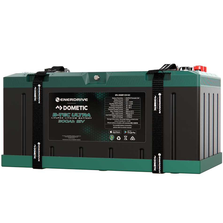 Enerdrive B-TEC Ultra 300Ah 12V IP67 waterproof lithium battery with mounting straps