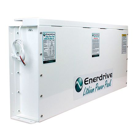 White Enerdrive 12V 300Ah slimline lithium battery with mounting brackets and wiring