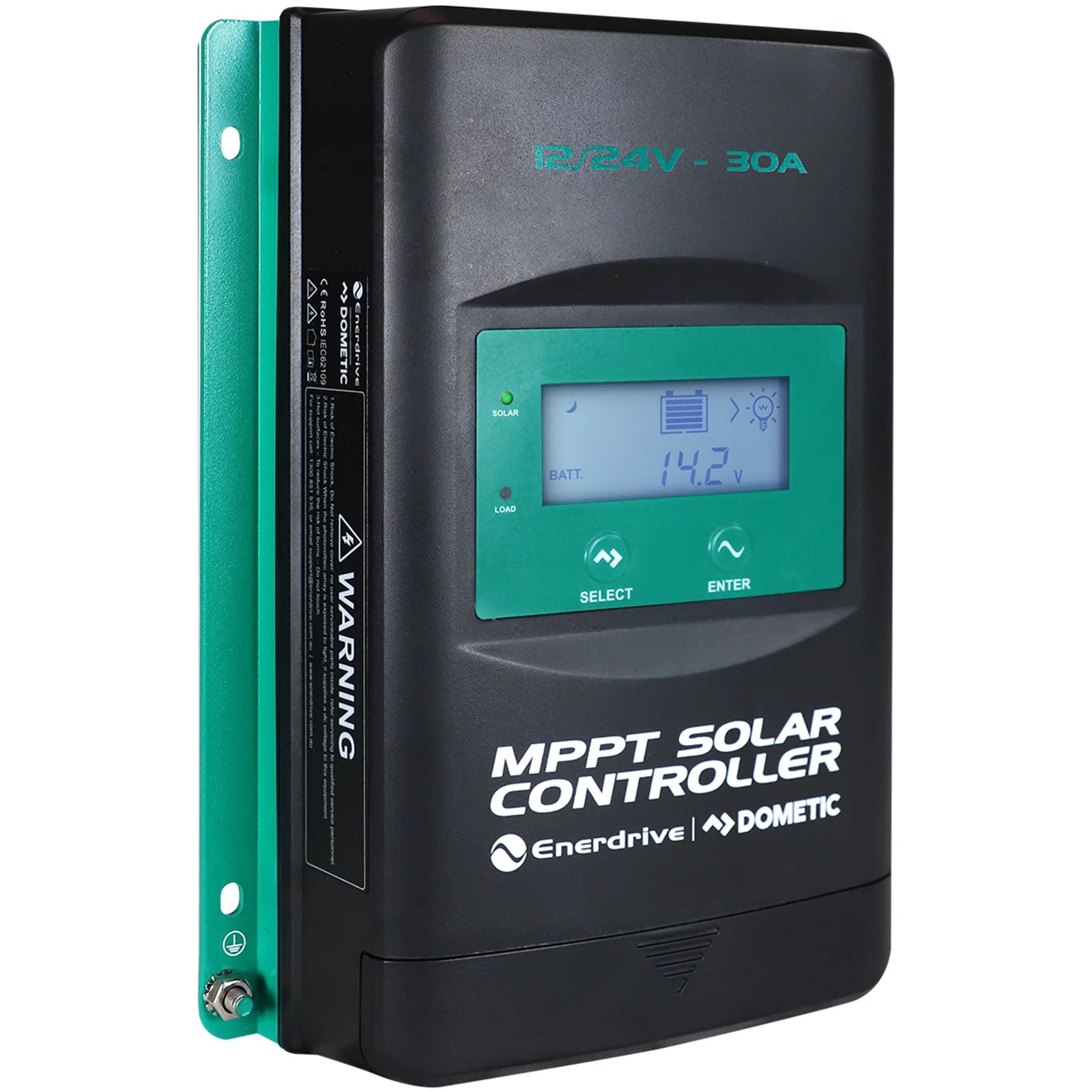 Black and green Enerdrive 30A MPPT solar charge controller with LCD display and mounting bracket