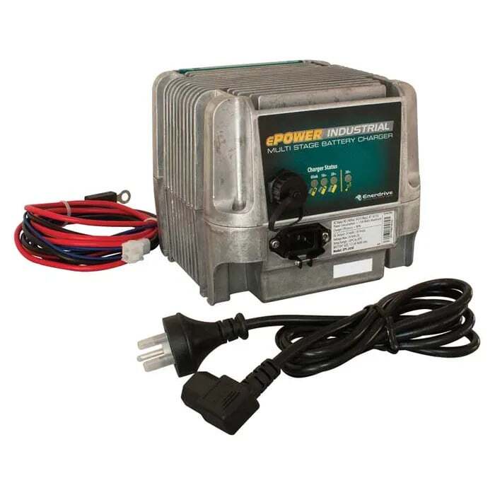 Enerdrive 36V 20A industrial battery charger with DC ring terminal leads and Australian AC power cord