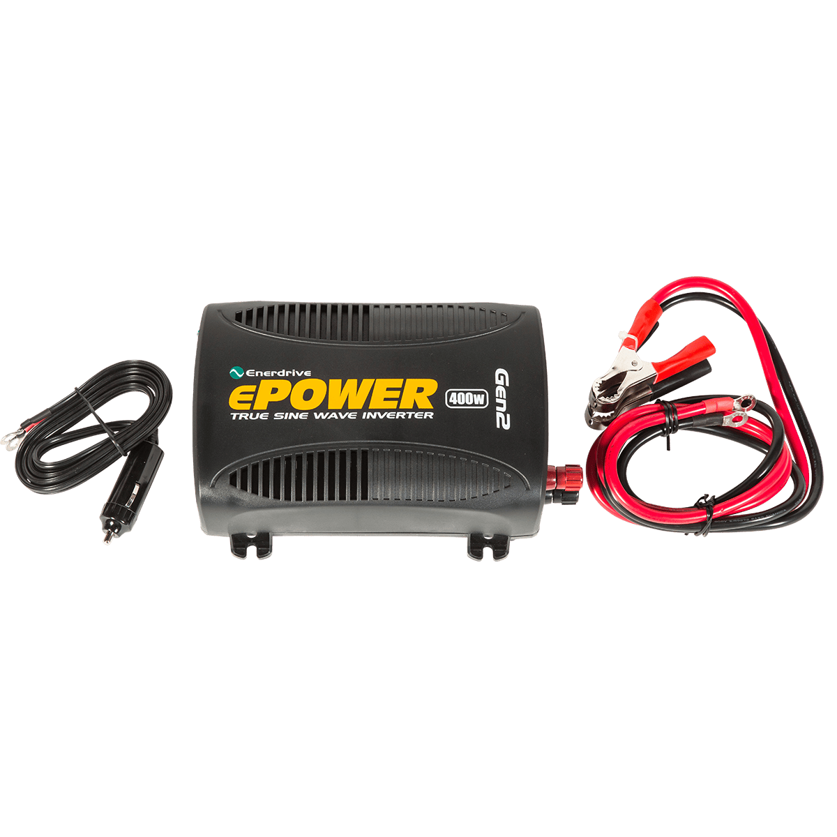400W inverter unit displayed with included DC cigarette lighter and battery clamp cables
