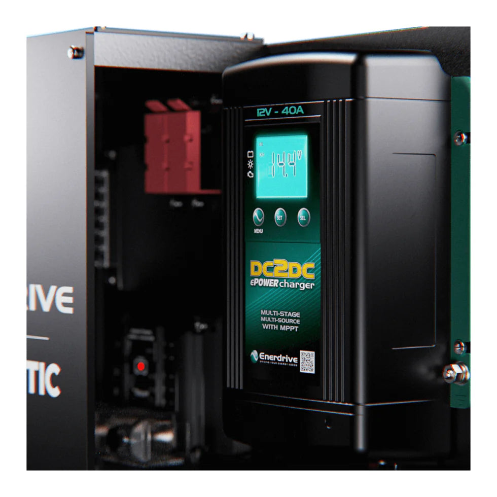 Close-up of Enerdrive 12V 40A DC2DC battery charger with digital voltage display
