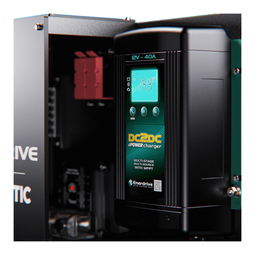 Detailed view of the integrated Enerdrive 40A DC2DC ePOWER battery charger digital display