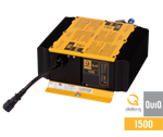 Yellow and black 48V 30A industrial battery charger with cooling fins and mounting bracket