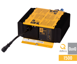 Yellow and black 48V 30A industrial battery charger with cooling fins and mounting bracket