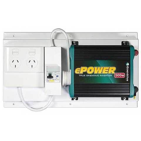 Enerdrive 500W 24V inverter kit pre-wired on a white plate with dual GPO power outlets and RCD safety switch