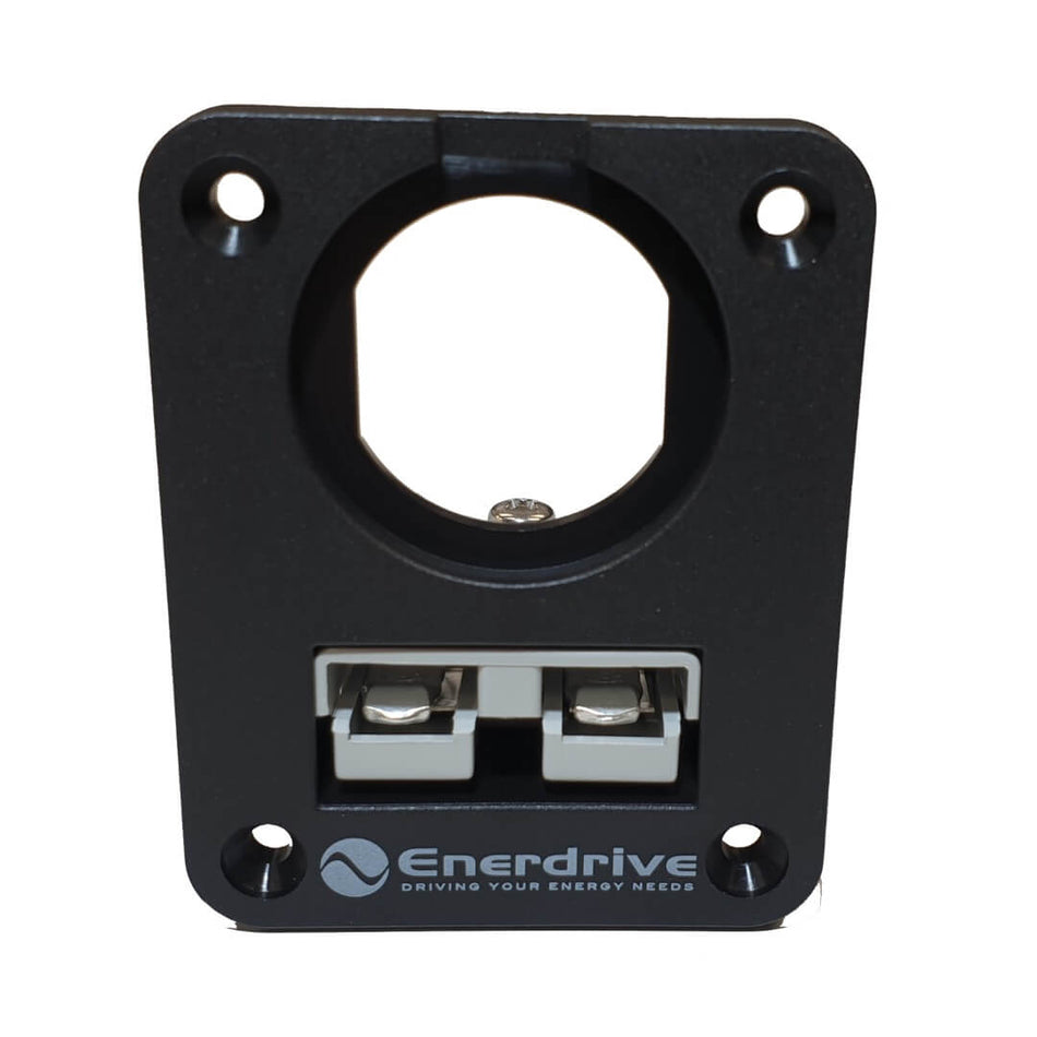 Front view of a black panel-mount holder with one circular socket hole and one grey 50A Anderson plug