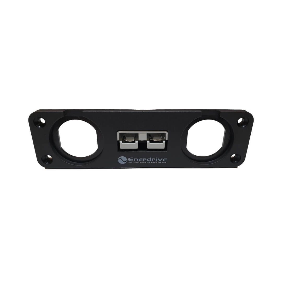 Black panel-mount bracket with central 50A Anderson plug and two round socket cutouts