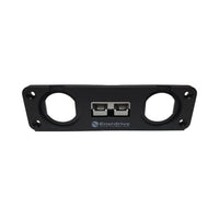 Black panel-mount bracket with central 50A Anderson plug and two round socket cutouts