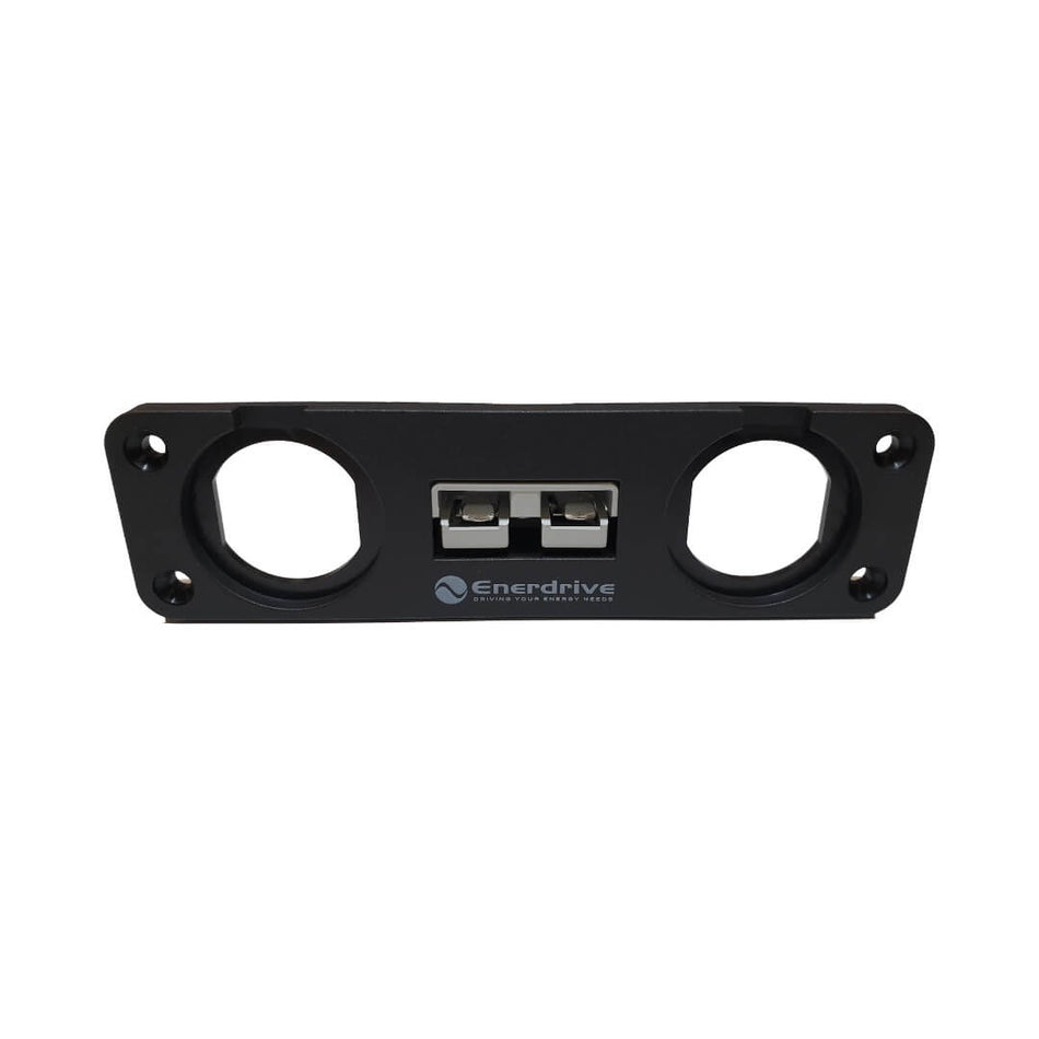 Black panel-mount bracket with central 50A Anderson plug and two round socket cutouts