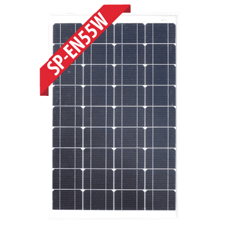 Front view of 55W fixed monocrystalline solar panel with silver aluminium frame