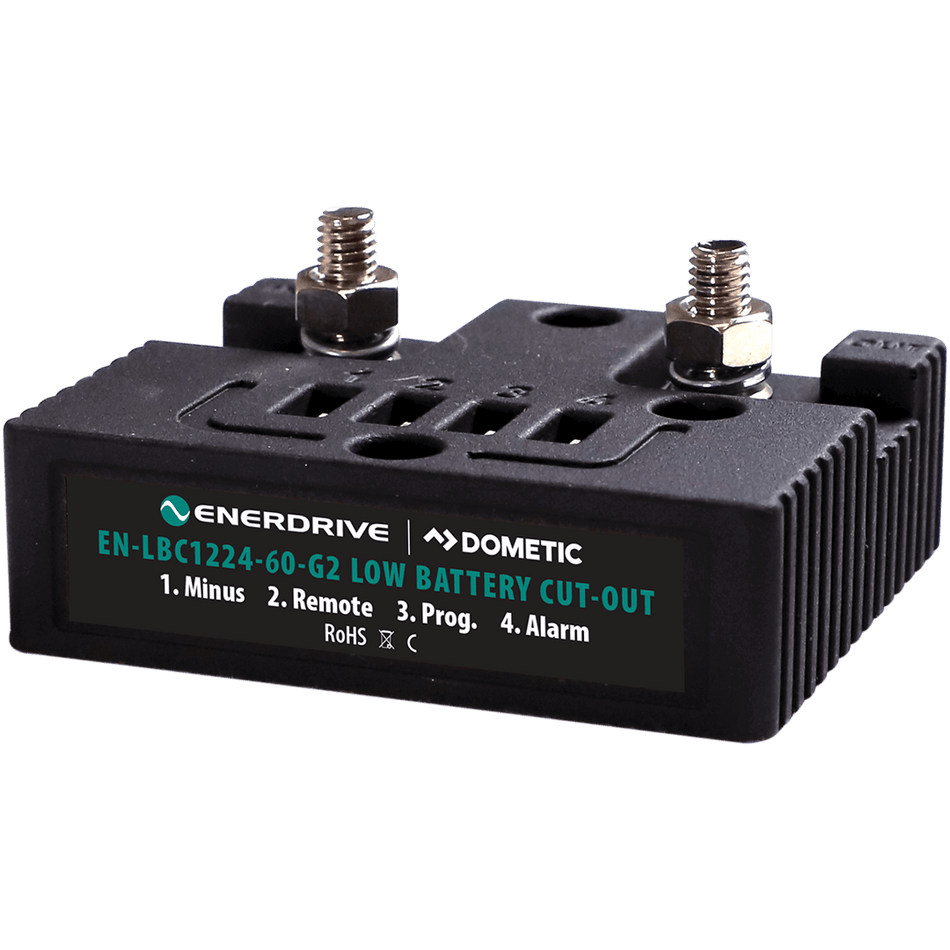 Enerdrive 60A G2 smart battery guard with top terminal studs and auxiliary control ports on IP66 housing