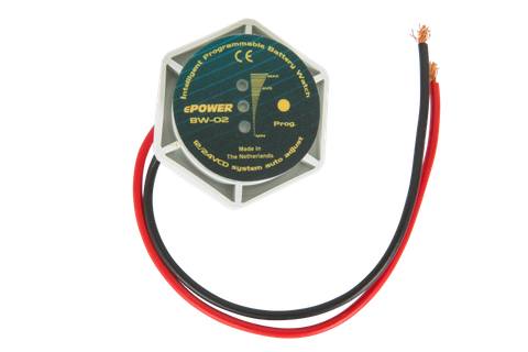 Enerdrive battery watch monitor with status LEDs, hexagonal housing and red and black wiring