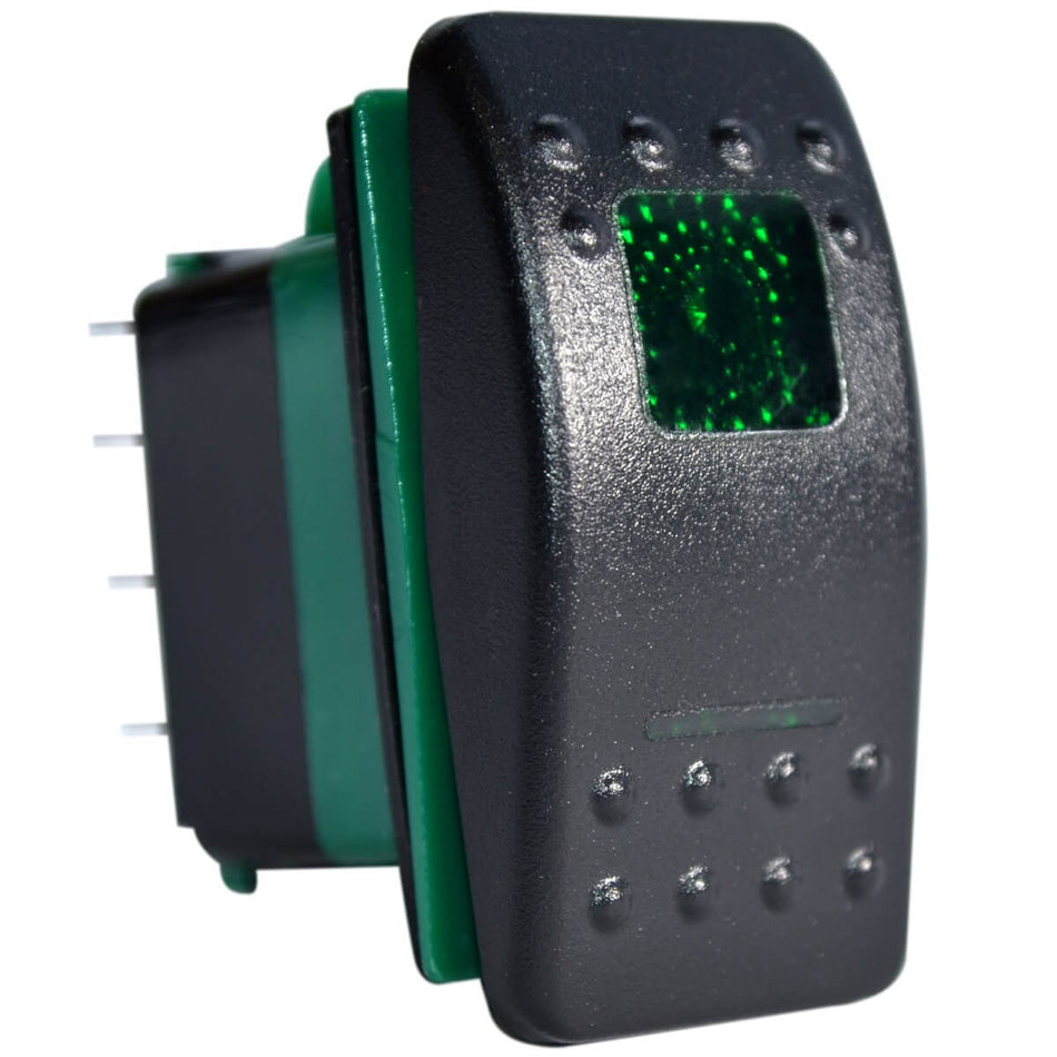 Green illuminated DPDT 7-pin rocker switch with textured black actuator and side view of terminals