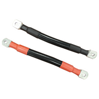 Pair of 95mm2 200mm battery cables with red and black heat shrink and tinned copper ring terminals