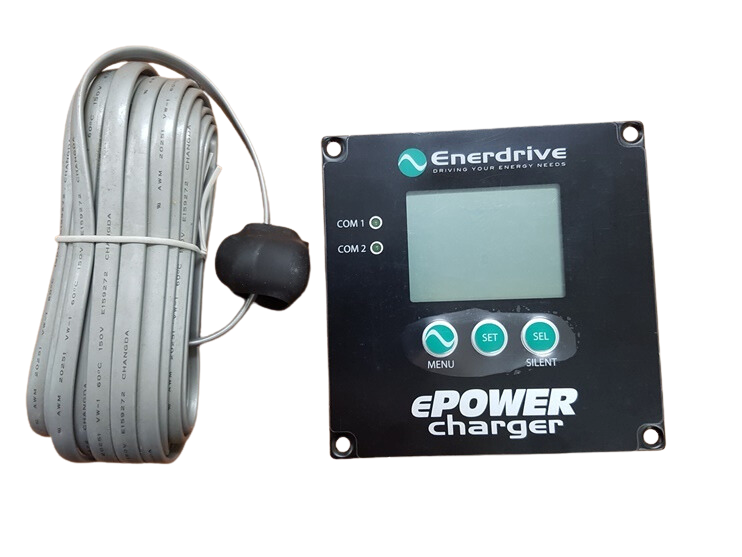 Black Enerdrive charger remote control panel with LCD display, control buttons and coiled connection cable