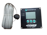 Black Enerdrive charger remote control panel with LCD display, control buttons and coiled connection cable