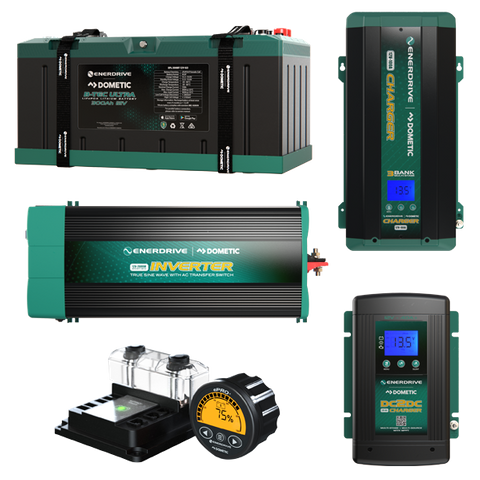 Enerdrive lithium power bundle with 300Ah battery, 2600W inverter, AC and DC chargers and battery monitor