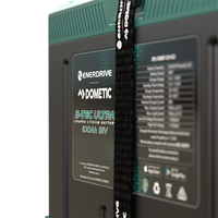 Close-up of the technical specification label and Enerdrive Dometic branding on the battery front