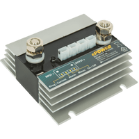 Angled view of Enerdrive 200A battery guard showing heavy duty terminals, heatsink fins and control wiring ports