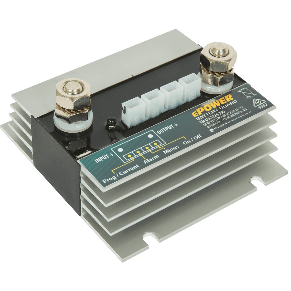 Angled view of Enerdrive 200A battery guard showing heavy duty terminals, heatsink fins and control wiring ports