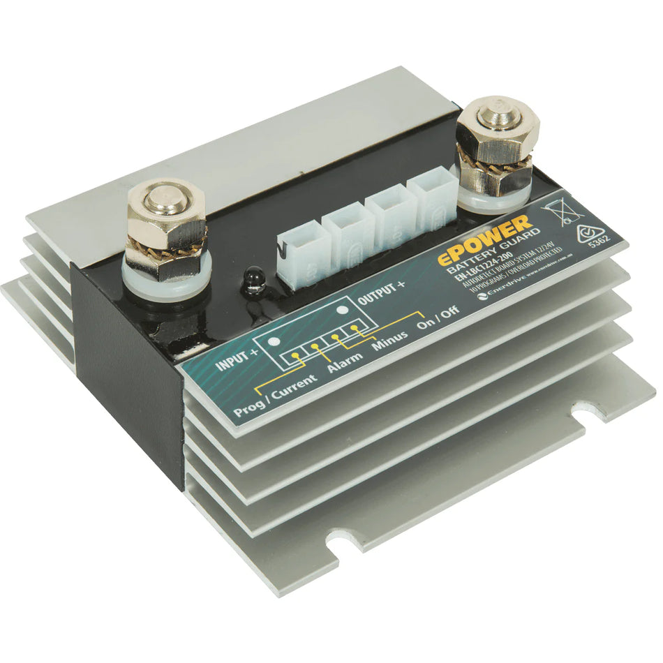 Angled view of Enerdrive 200A battery guard showing heavy duty terminals, heatsink fins and control wiring ports