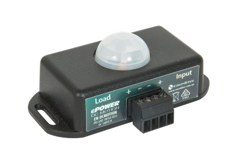 Perspective view of the Enerdrive DC motion sensor showing the compact housing and mounting slots