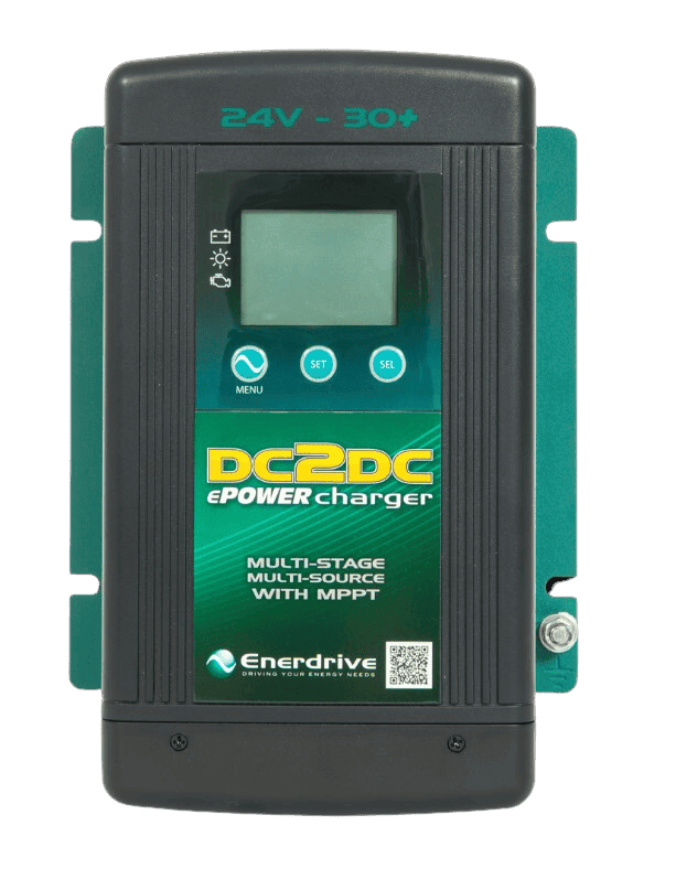 Front view of Enerdrive 24V 30A DC2DC battery charger showing LCD screen and control buttons