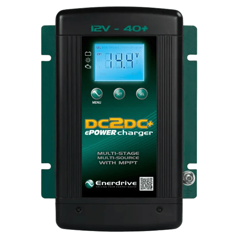 Close-up of Enerdrive DC2DC+ battery charger interface showing voltage display and control buttons