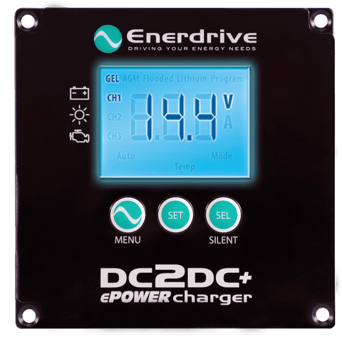 Front view of DC-DC charger remote control panel with LCD screen and navigation buttons