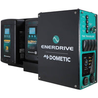 Perspective view of Enerdrive and Dometic branded traveller canopy power system with dual chargers