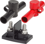 Dual 3/8 inch power post connector with red and black insulators and stainless steel studs