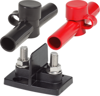 Dual 3/8 inch power post connector with red and black insulators and stainless steel studs