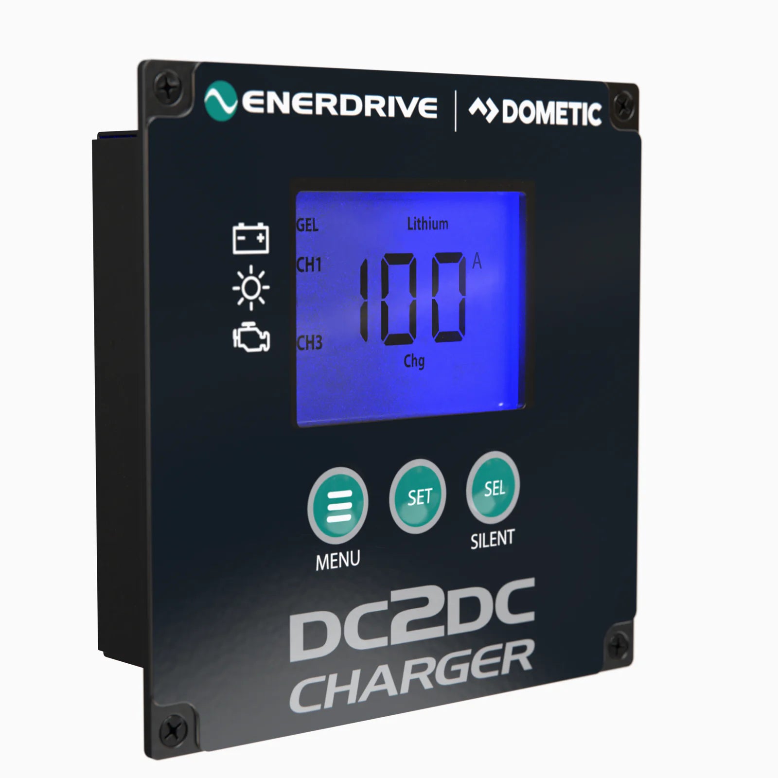 Remote control LCD unit for the DC-DC charger showing charging status