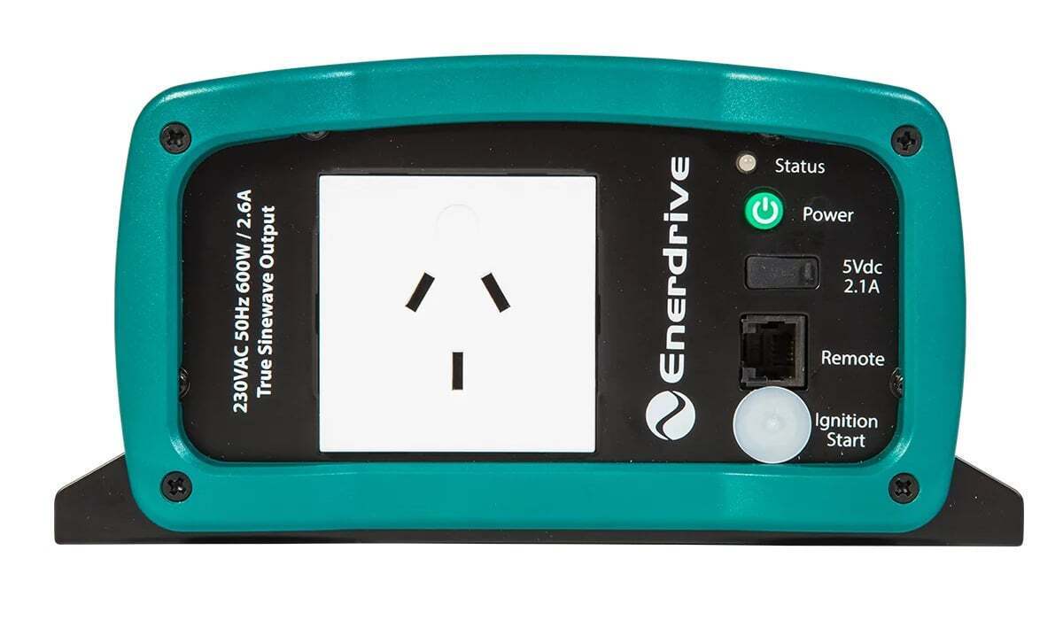 Close-up of inverter front panel featuring AC socket and USB port