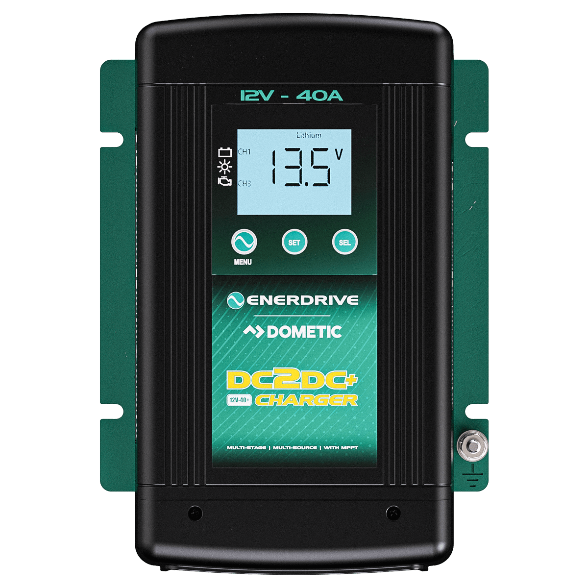 Front view of Enerdrive DC2DC charger with LCD screen and control buttons