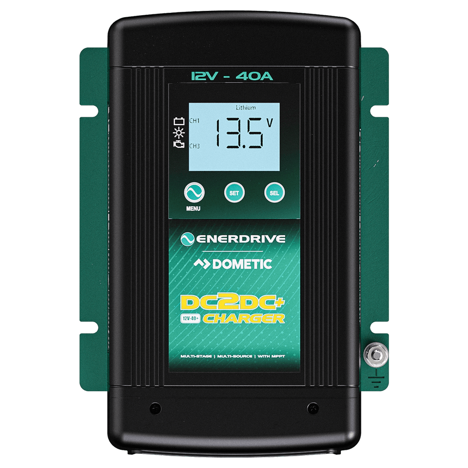 Front view of Enerdrive DC2DC charger with LCD screen and control buttons
