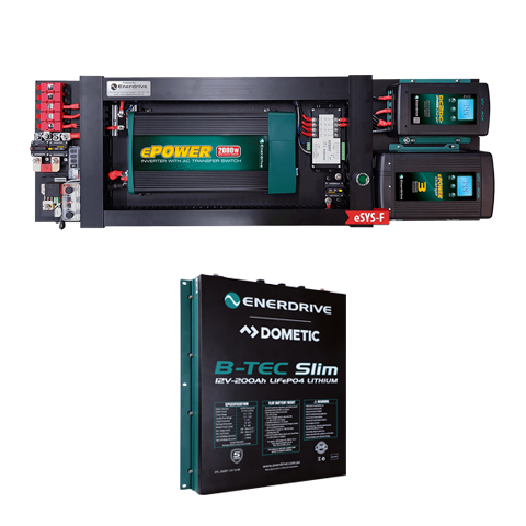 Enerdrive eSYSTEM installation kit with 2kW inverter and 200Ah slimline lithium battery