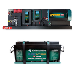 Enerdrive eSYSTEM power board with 2000W inverter and chargers above a B-TEC 12V 300Ah lithium battery