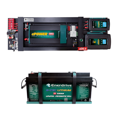 Enerdrive eSYSTEM 40/40 kit with 2000W inverter, 300Ah LiFePO4 battery and Simarine monitor