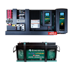 Pre-wired 60/40 AC DC power system board above a B-TEC 300Ah lithium battery with mounting tray and straps
